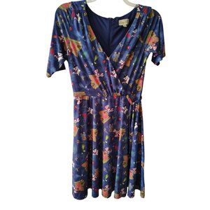 Lindy Bop Cat Rabbit Graffiti Dress, Size 12, Faux Wrap Retro Vibes V-Neck